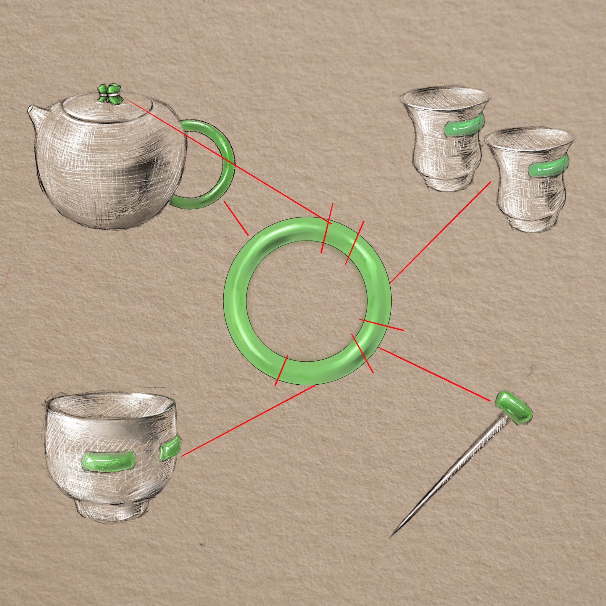 Design drawing mapping sections of a jade bangle onto the tea service